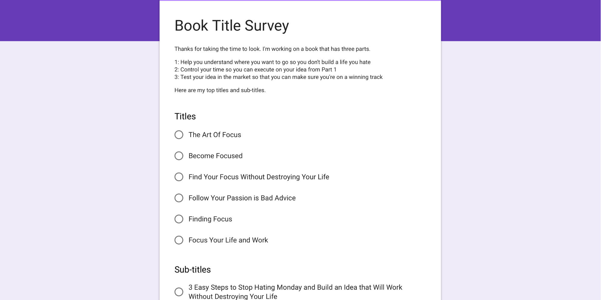 The survey I sent to readers about book titles and subtitles