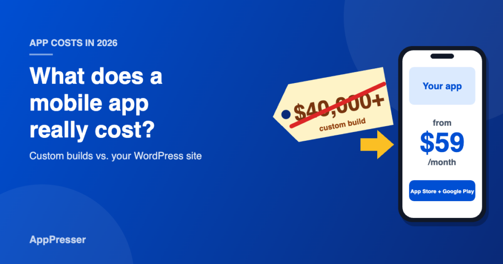 Crossed-out $40,000+ custom app price tag next to a phone showing an app from $59 a month