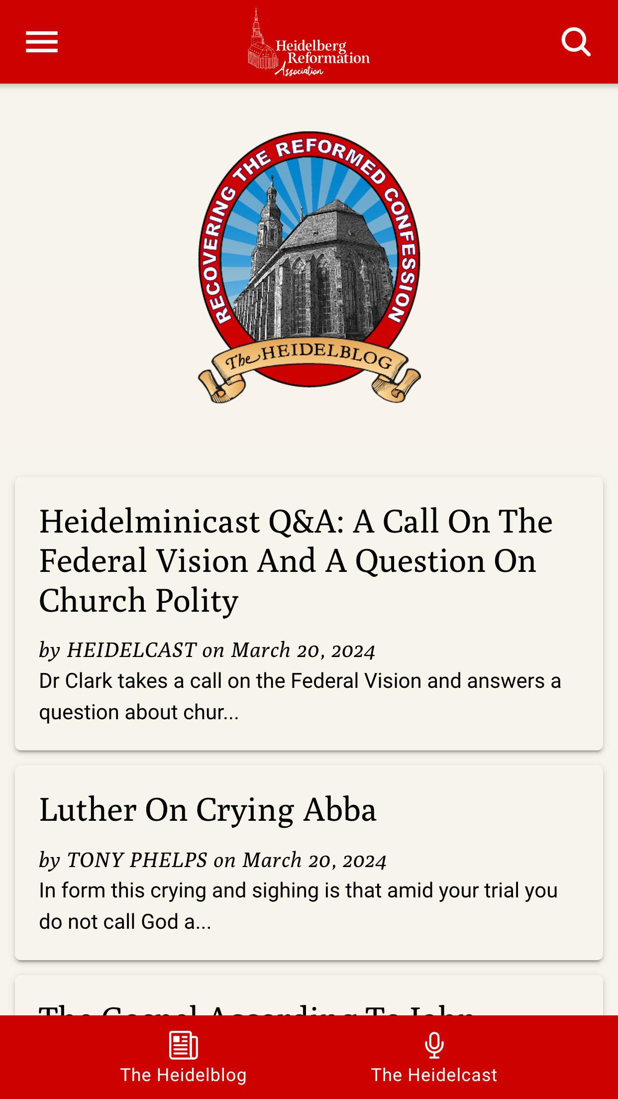 Heidelapp screenshot: The home screen leads with the Heidelberg Reformation Association seal and the newest posts.