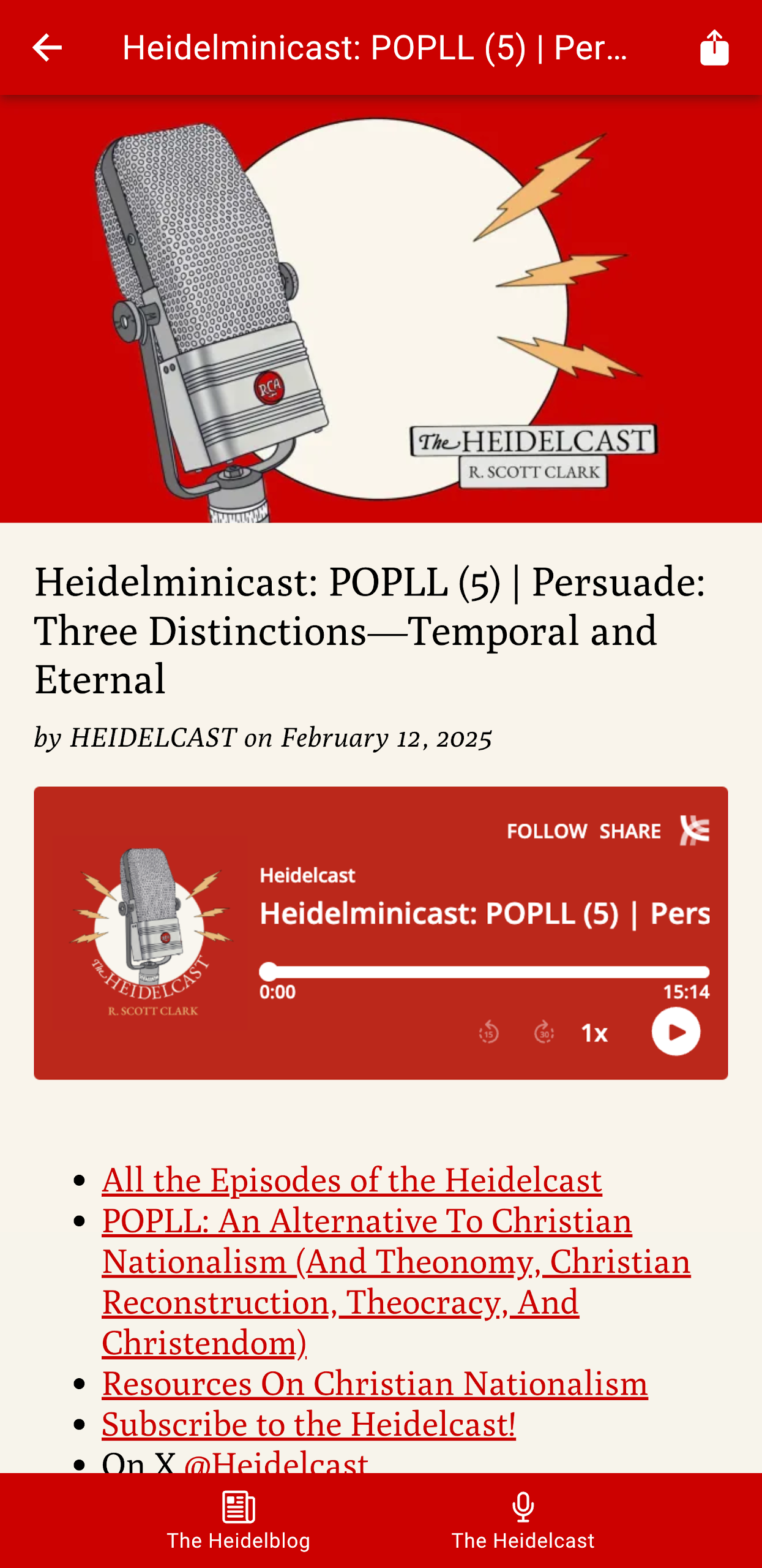 Heidelapp screenshot: Heidelcast episodes play right inside the app with a built in audio player.