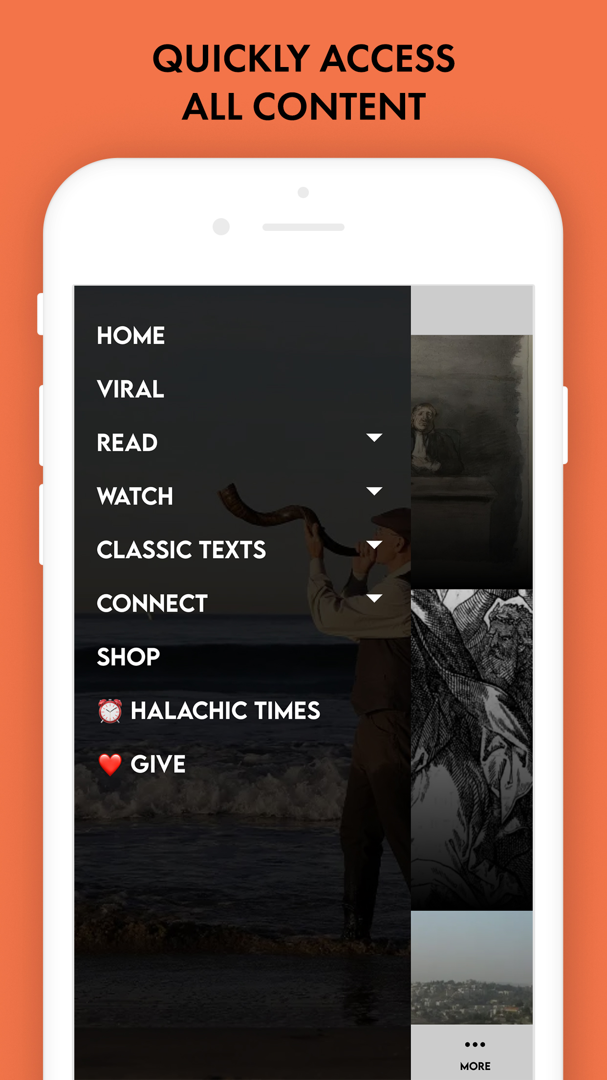 Accidental Talmudist app screenshot: The menu makes it quick to reach every kind of content, plus halachic times and giving.