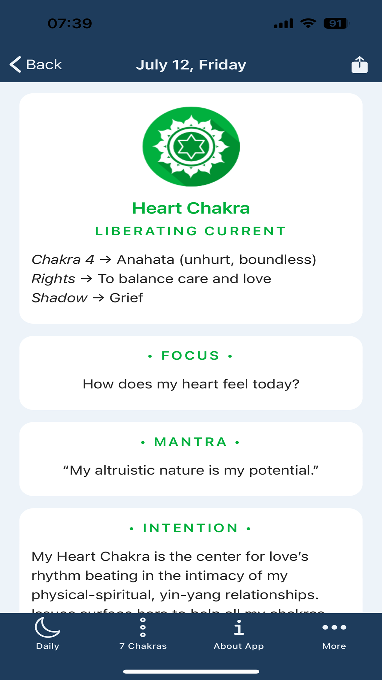 Moon Chakras app screenshot: The Chakra card shows which chakra the moon influences today, with a Focus and Mantra.