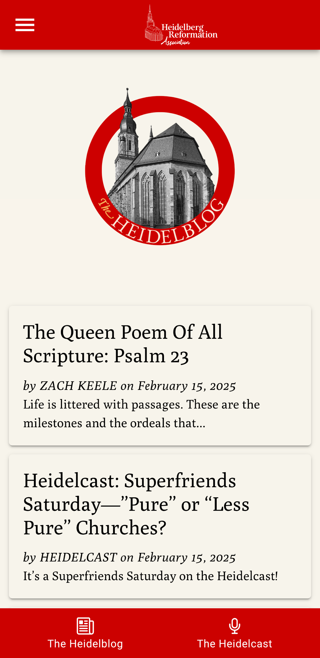 Heidelapp screenshot: The Heidelblog tab shows the latest articles from Dr. Clark and contributors.