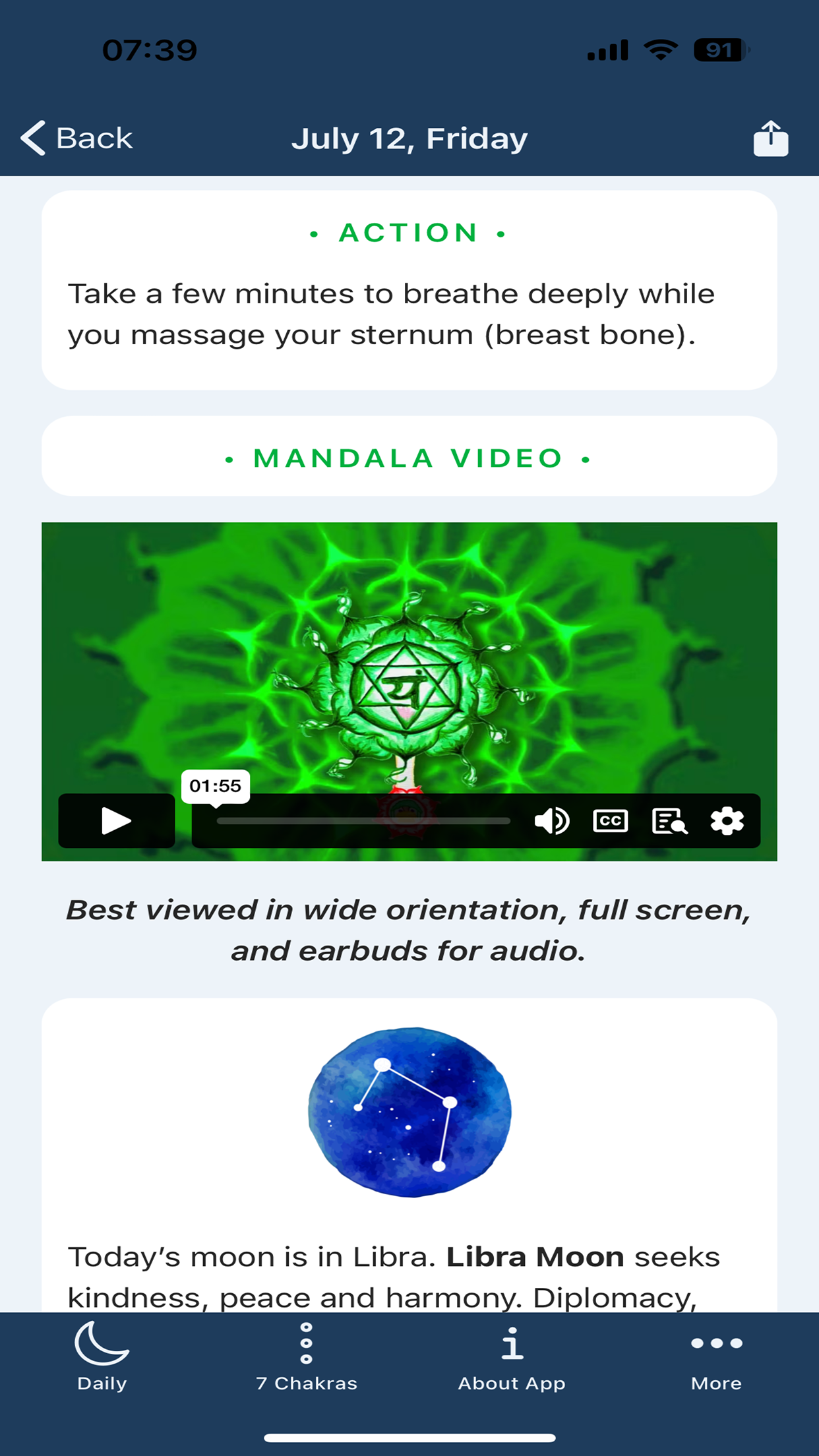 Moon Chakras app screenshot: A simple Action and a Mandala video round out the daily practice.