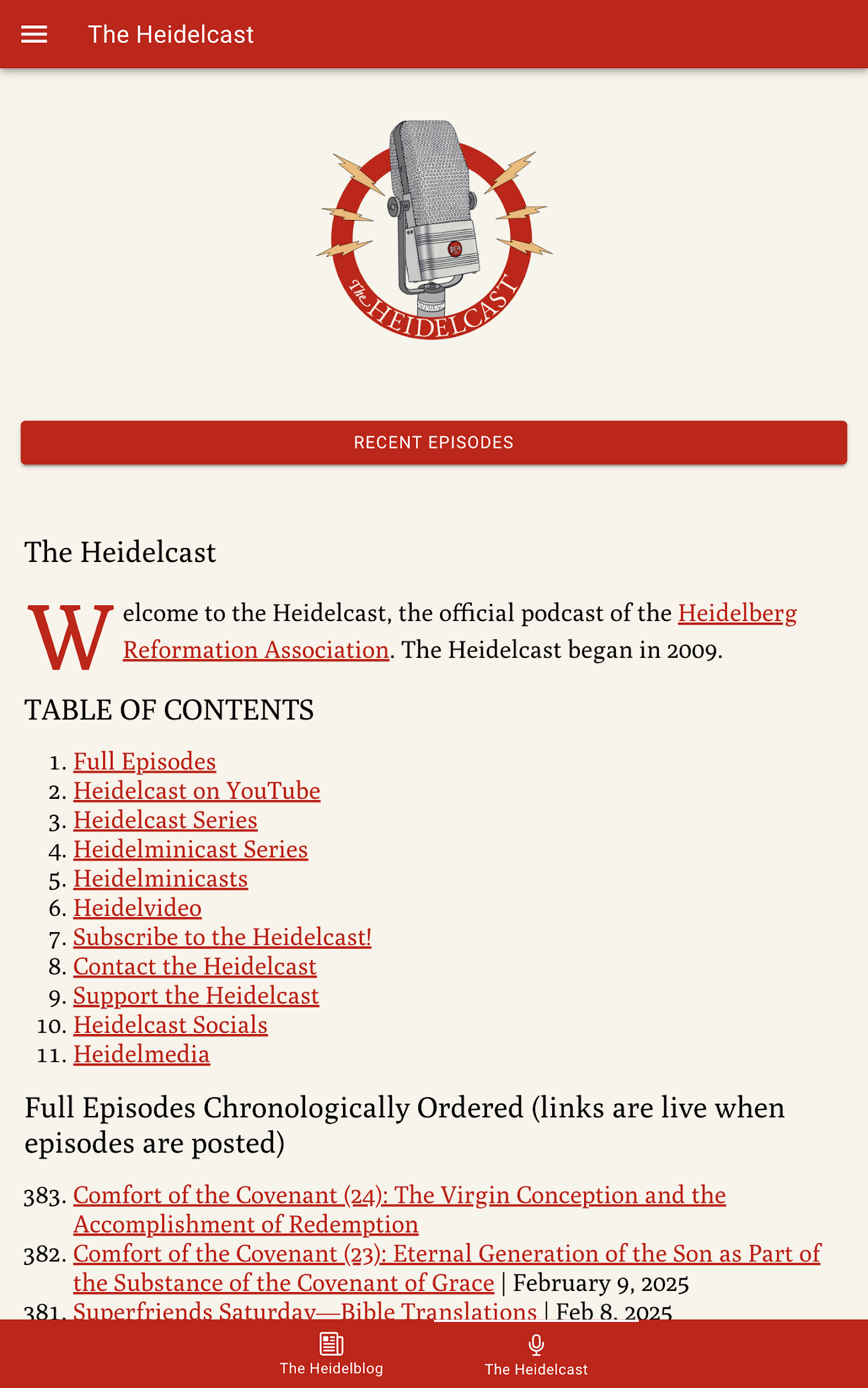 Heidelapp screenshot: The Heidelcast page links to series, episodes and ways to connect with the show.