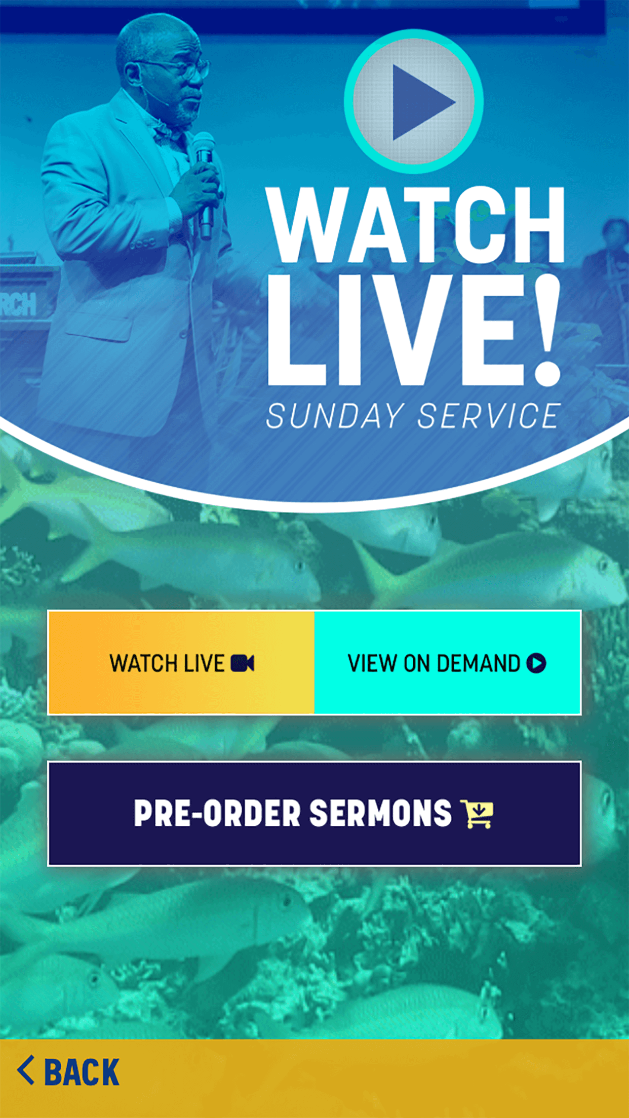 IBOC app screenshot: Watch Live streams Sunday service, with on demand messages and sermon pre orders.