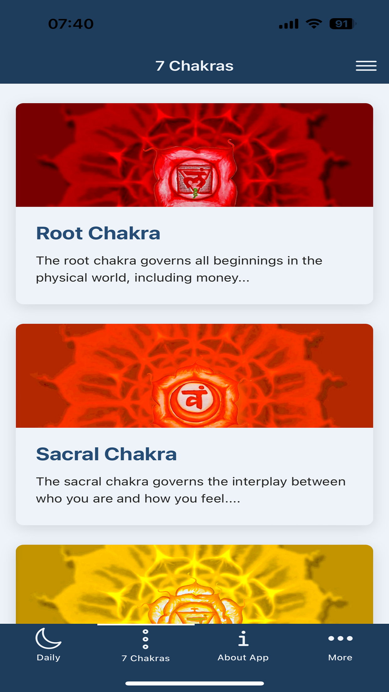 Moon Chakras app screenshot: The 7 Chakras reference explains each energy center.