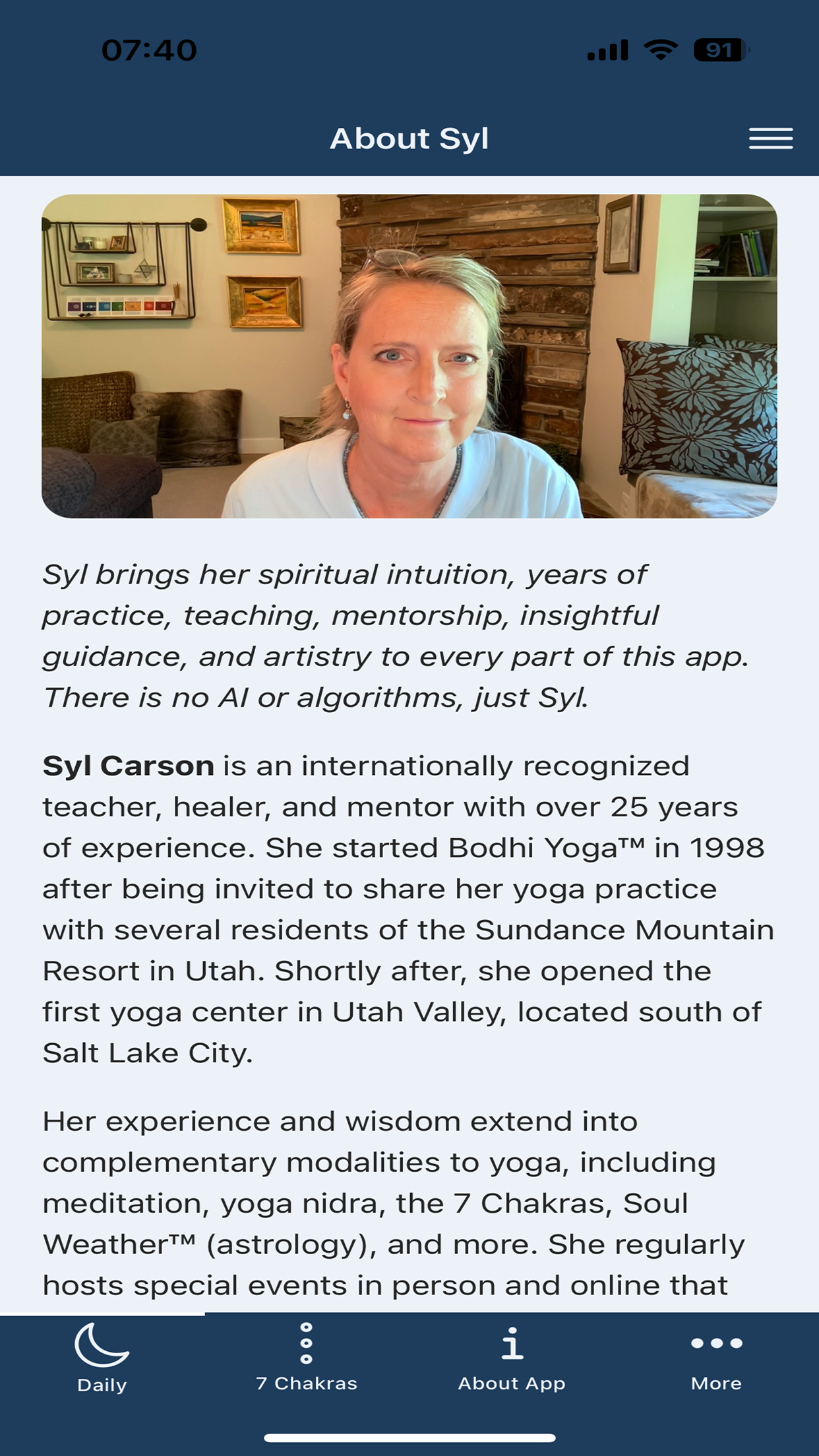 Moon Chakras app screenshot: Every word and video comes from Syl Carson herself.
