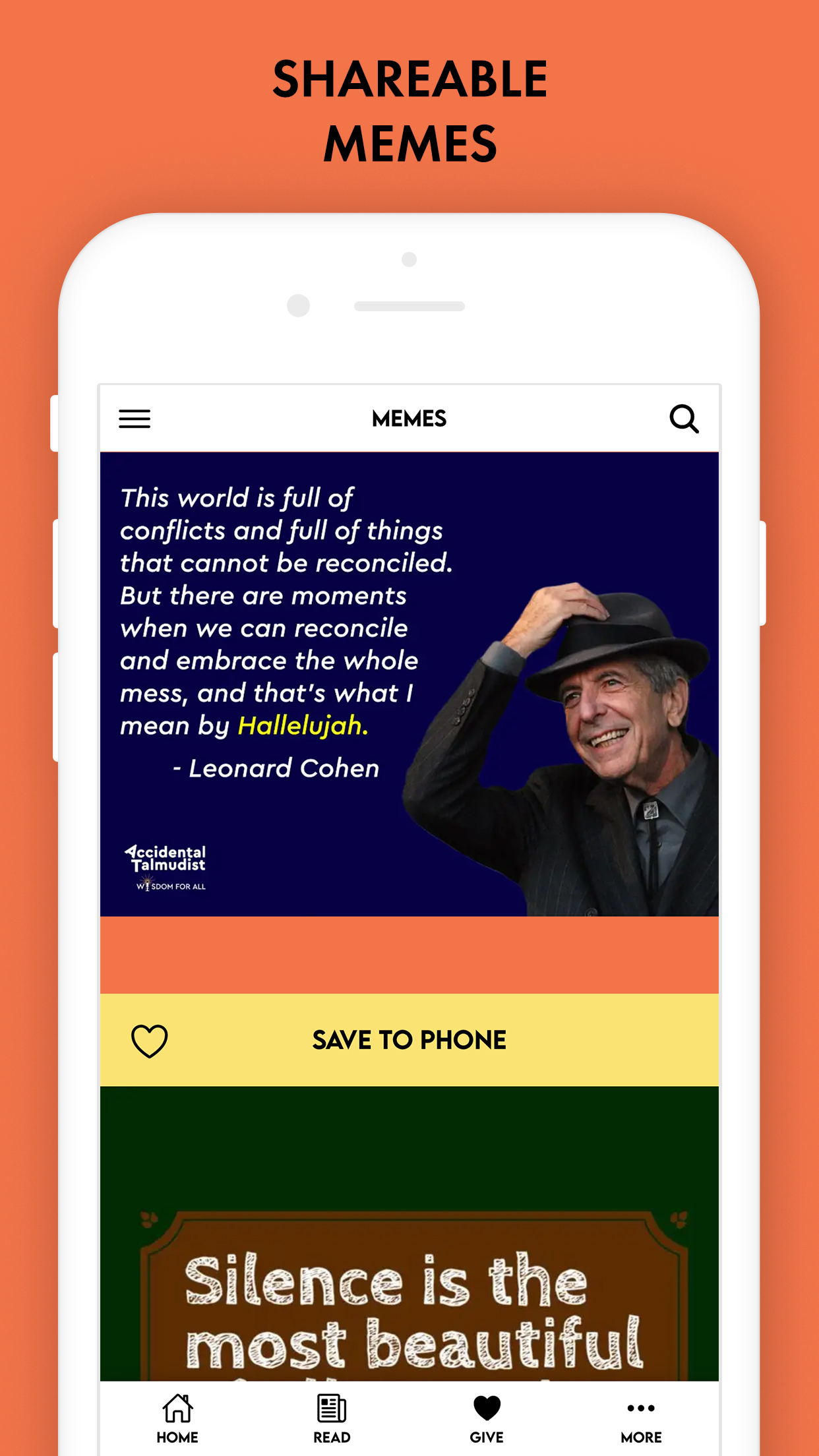 Accidental Talmudist app screenshot: Shareable memes pair Jewish wisdom with quotes worth passing on.