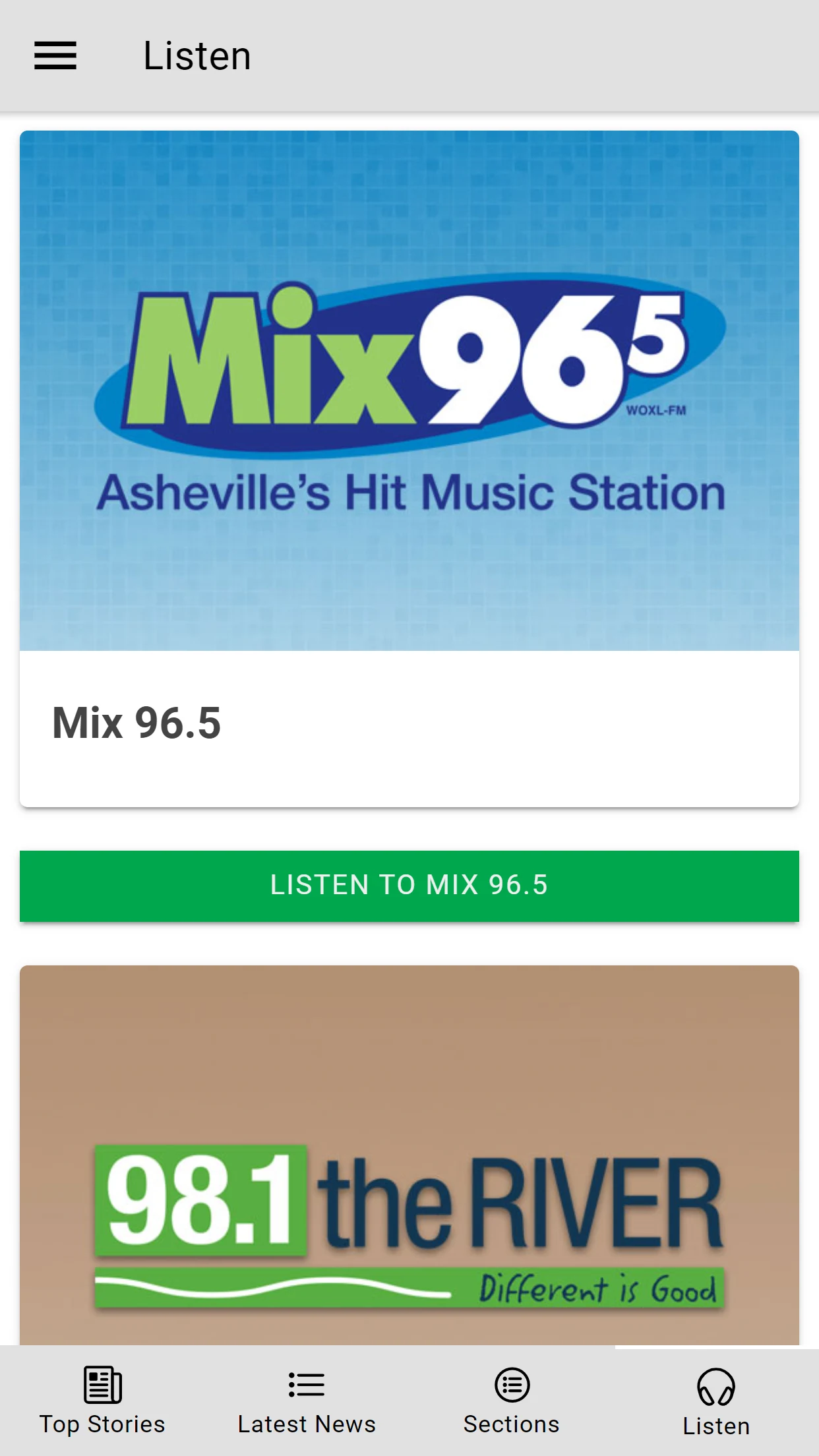 828newsNOW app screenshot: Listen to Mix 96.5 and more.