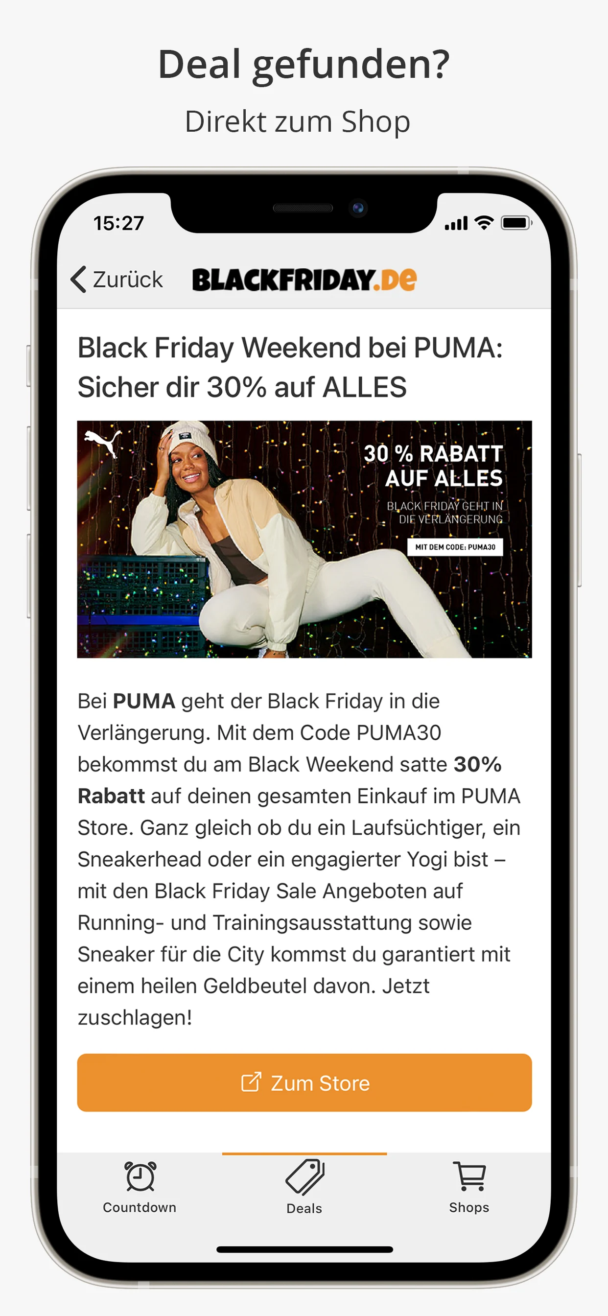 BlackFriday.de app screenshot: Deal gefunden? Direkt zum Shop.