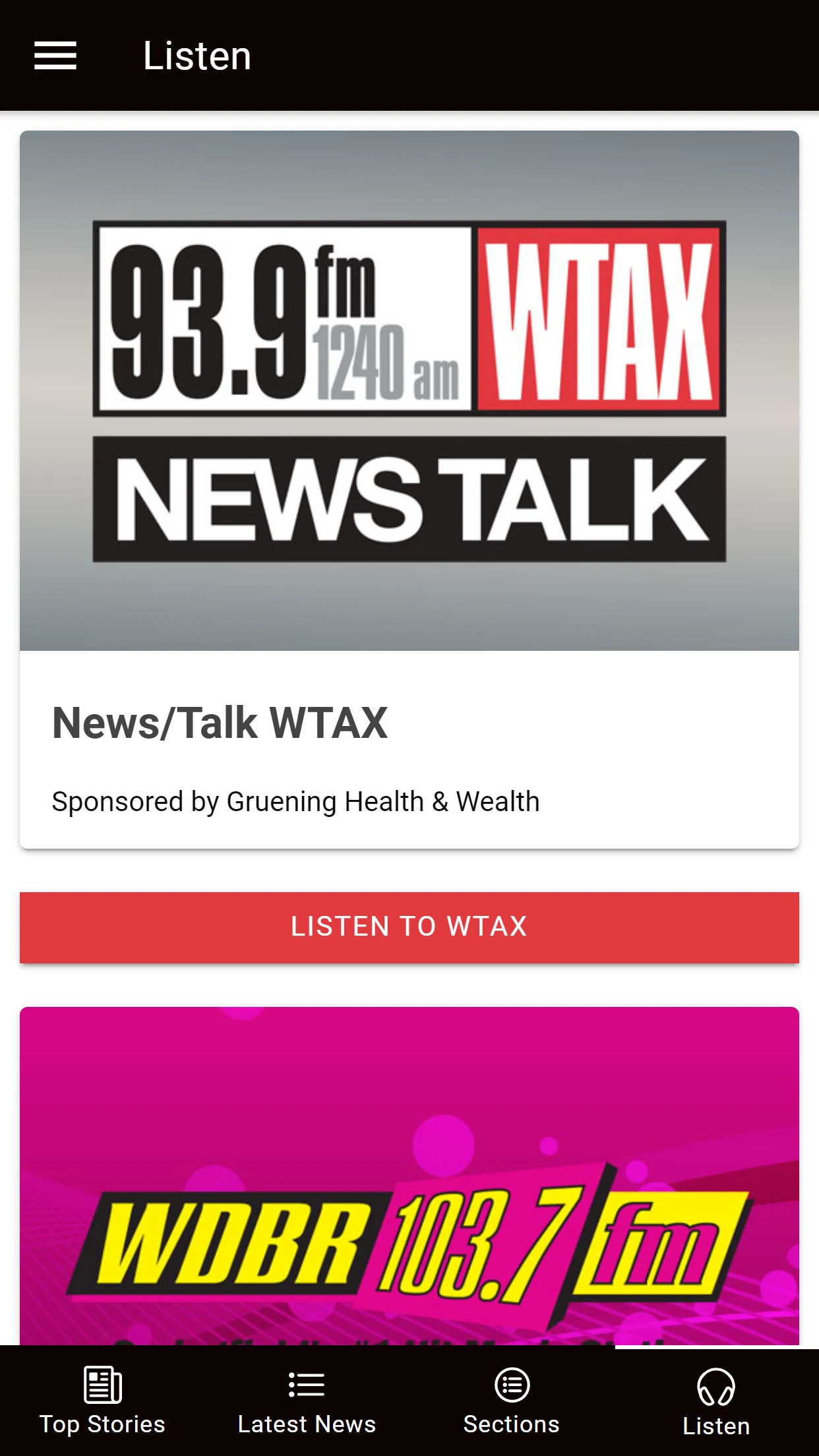 Capitol City Now app screenshot: Listen live to local stations.