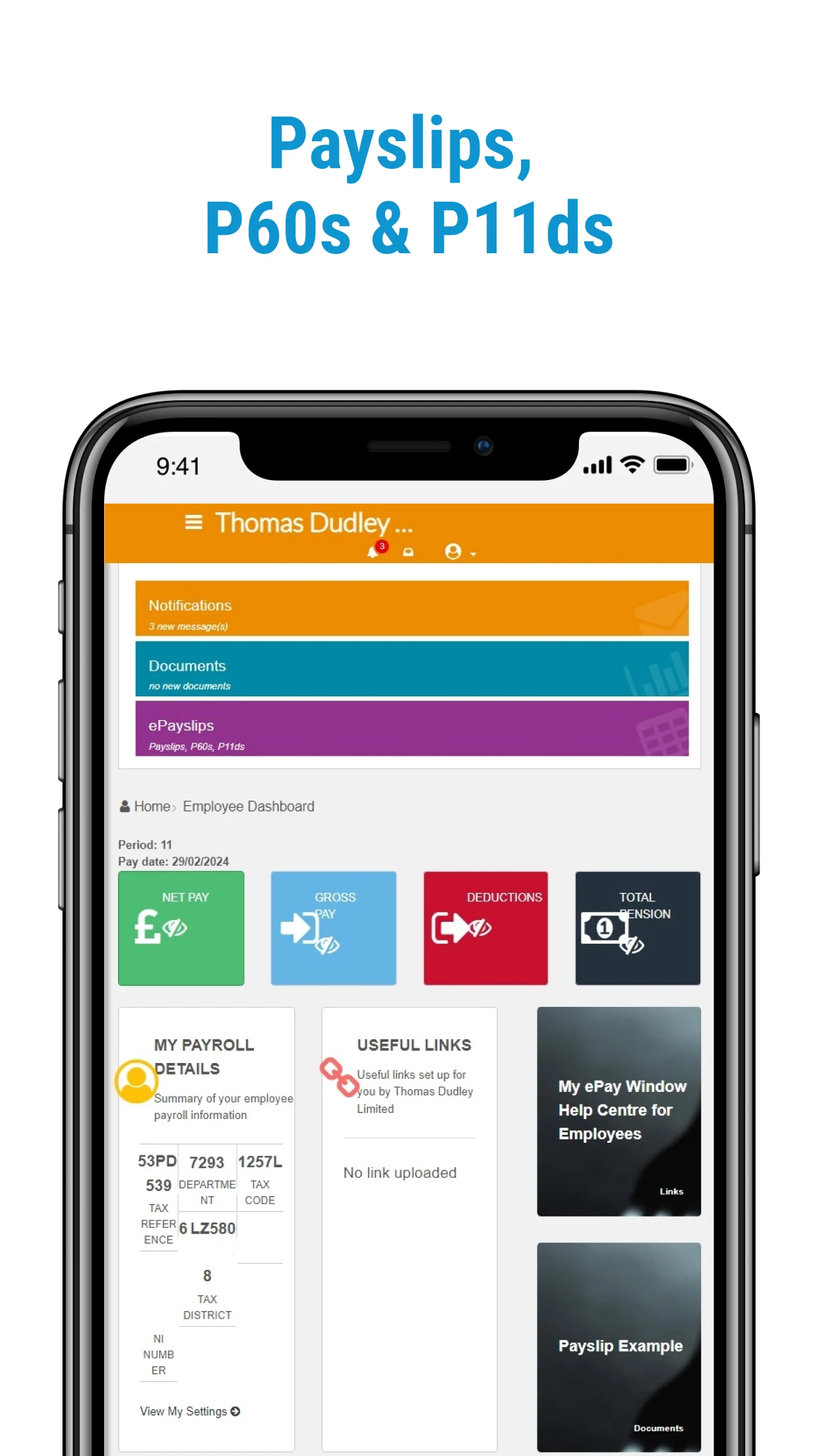 connecTDpeople app screenshot: Payslips, P60s and P11ds.