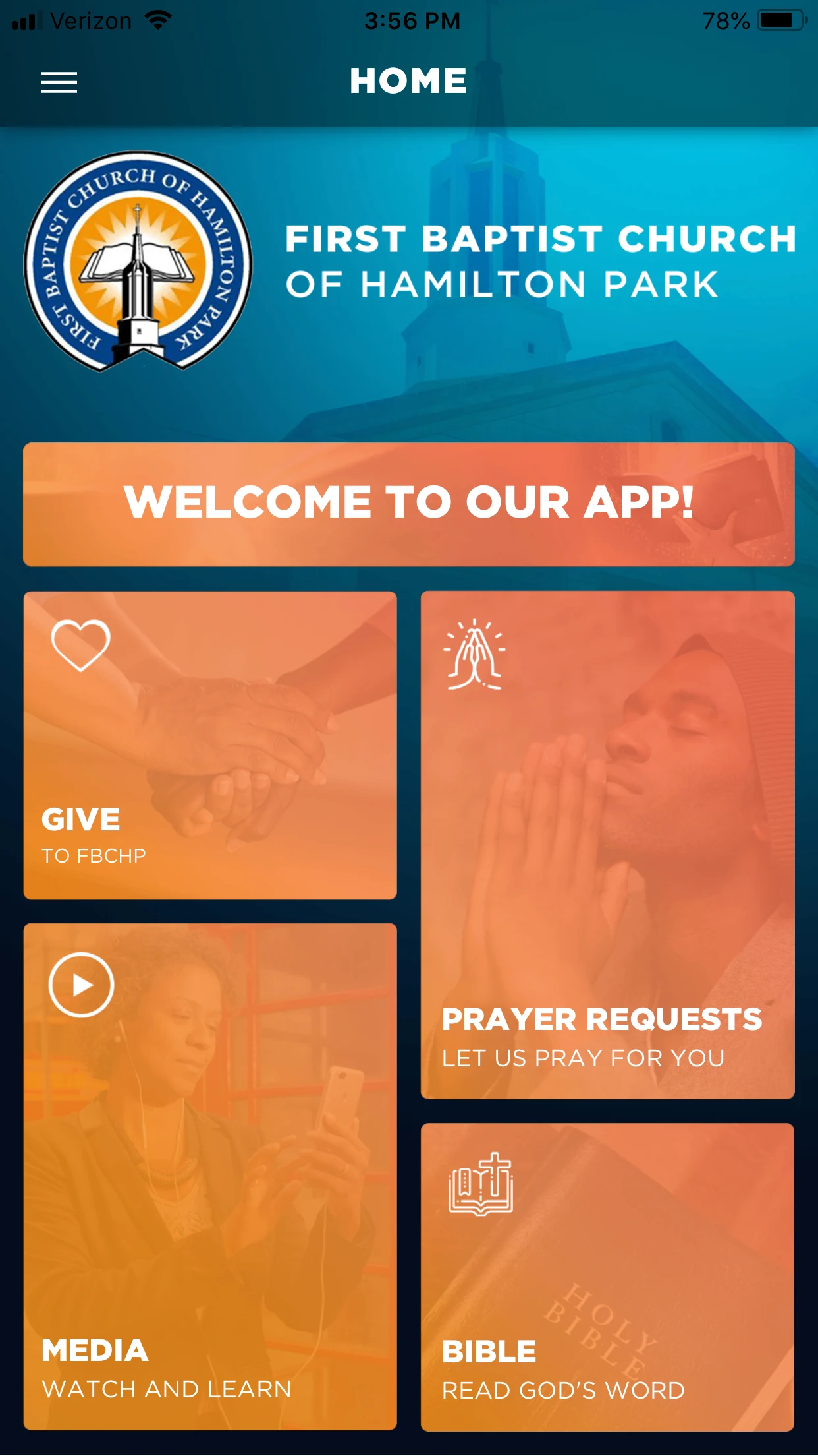 FBC Hamilton Park app screenshot: Welcome to our app.