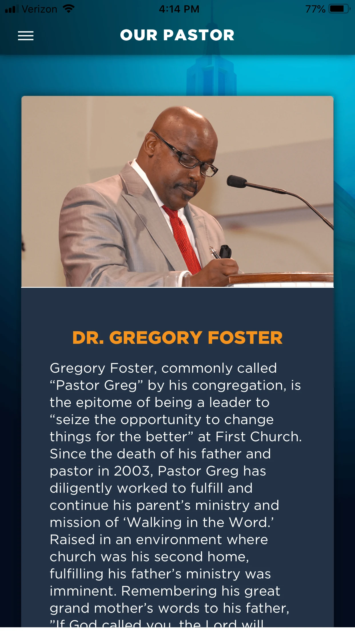 FBC Hamilton Park app screenshot: Our Pastor, Dr. Gregory Foster.