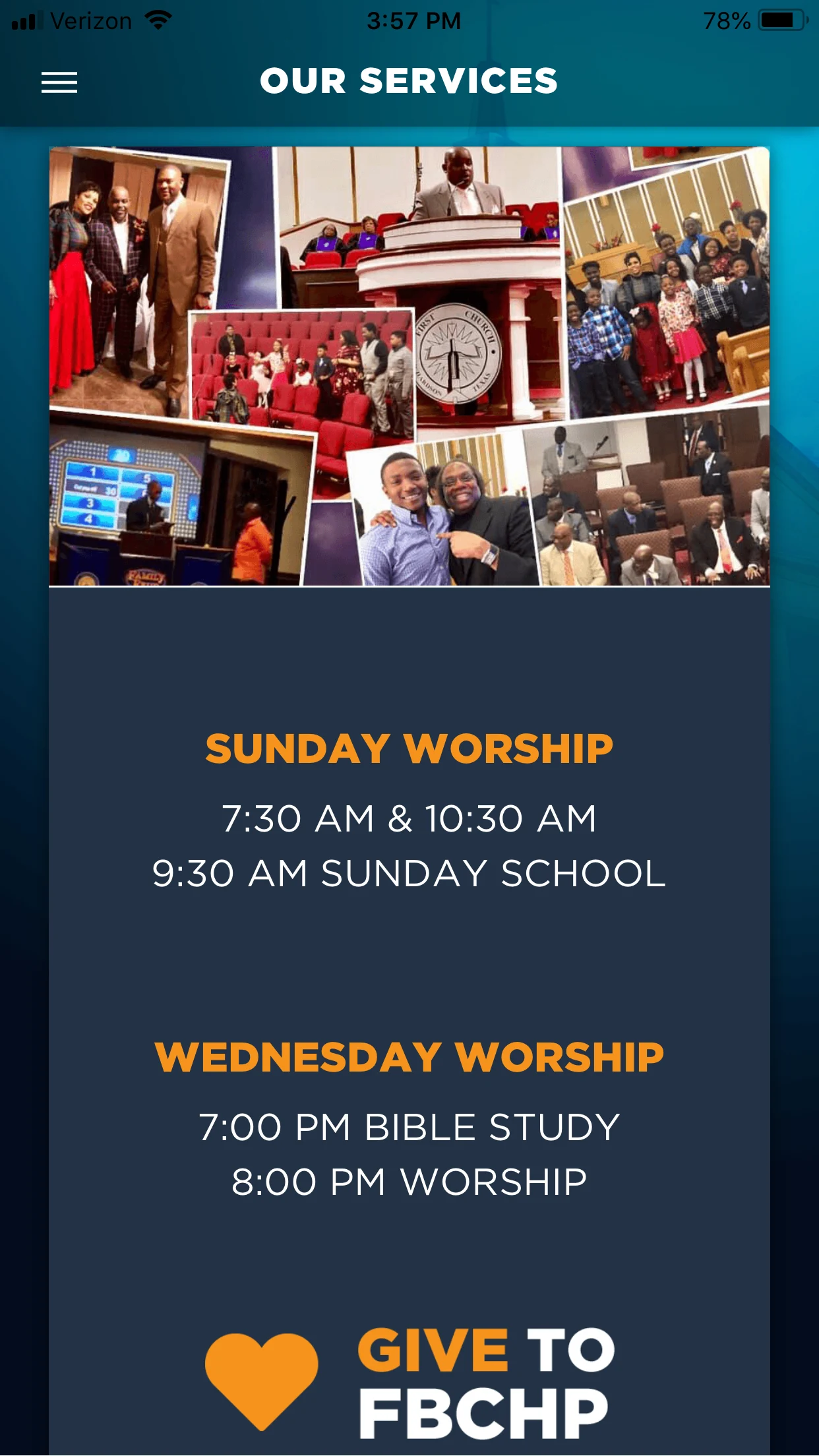 FBC Hamilton Park app screenshot: Our services.