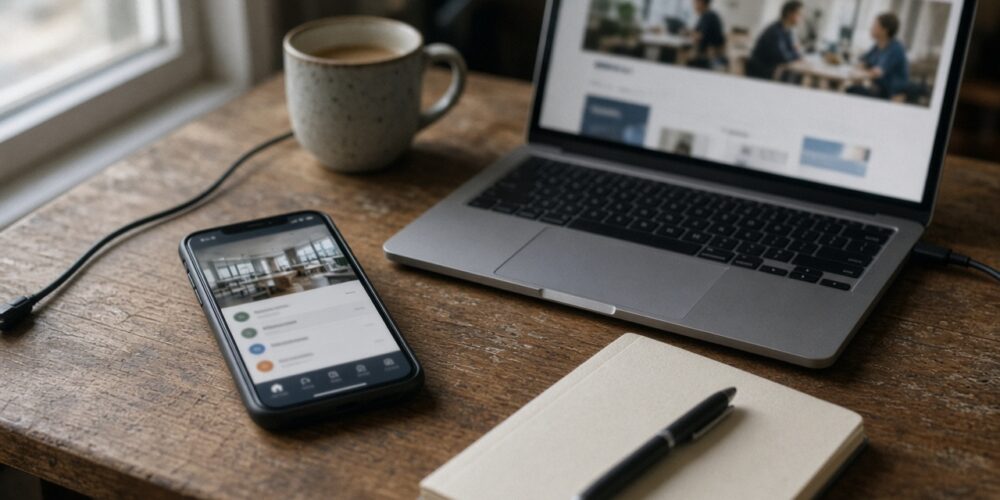 Phone showing a membership app next to a laptop showing a business website on a wooden desk