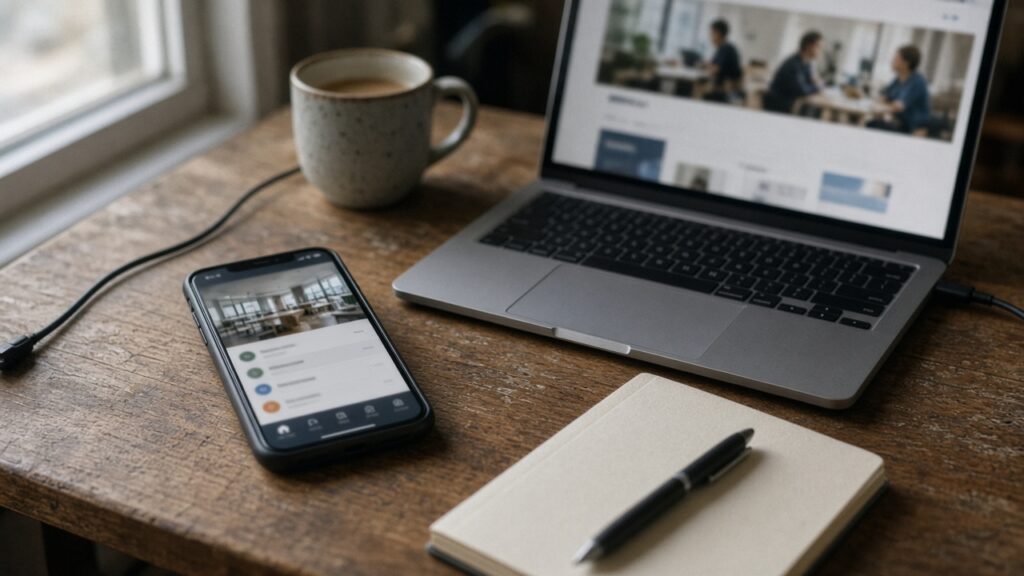 Phone showing a membership app next to a laptop showing a business website on a wooden desk