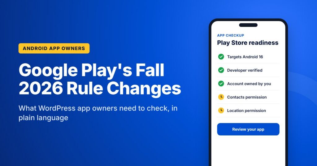 Google Play's fall 2026 rule changes for WordPress app owners, with a phone showing an app readiness checklist