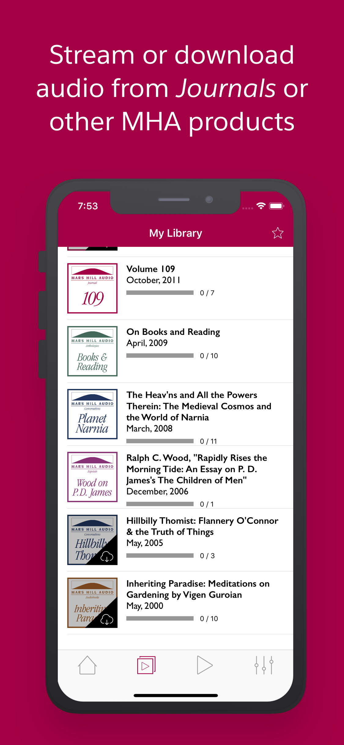My Library in the Mars Hill Audio app, listing Journal volumes and other programs