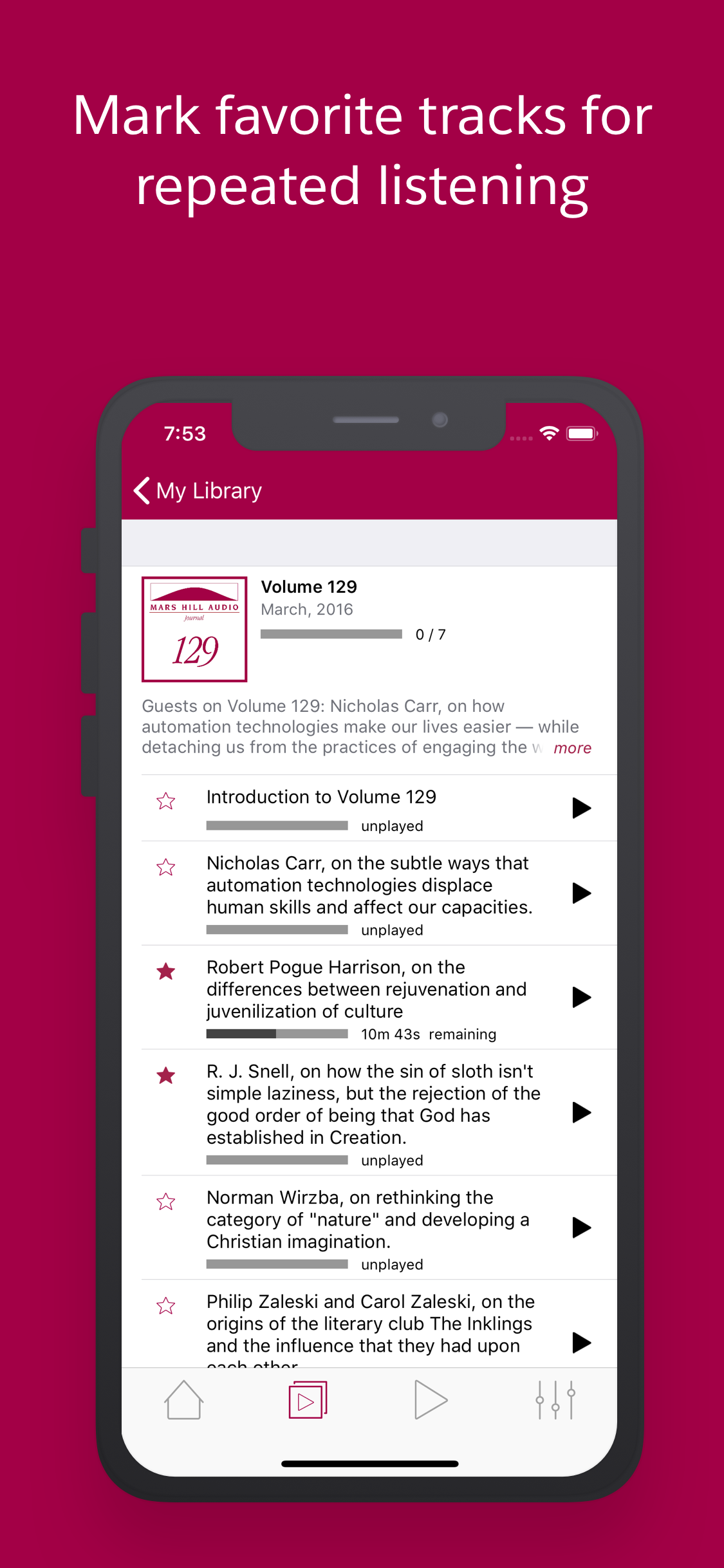Journal Volume 129 track list in the Mars Hill Audio app, with favorite stars