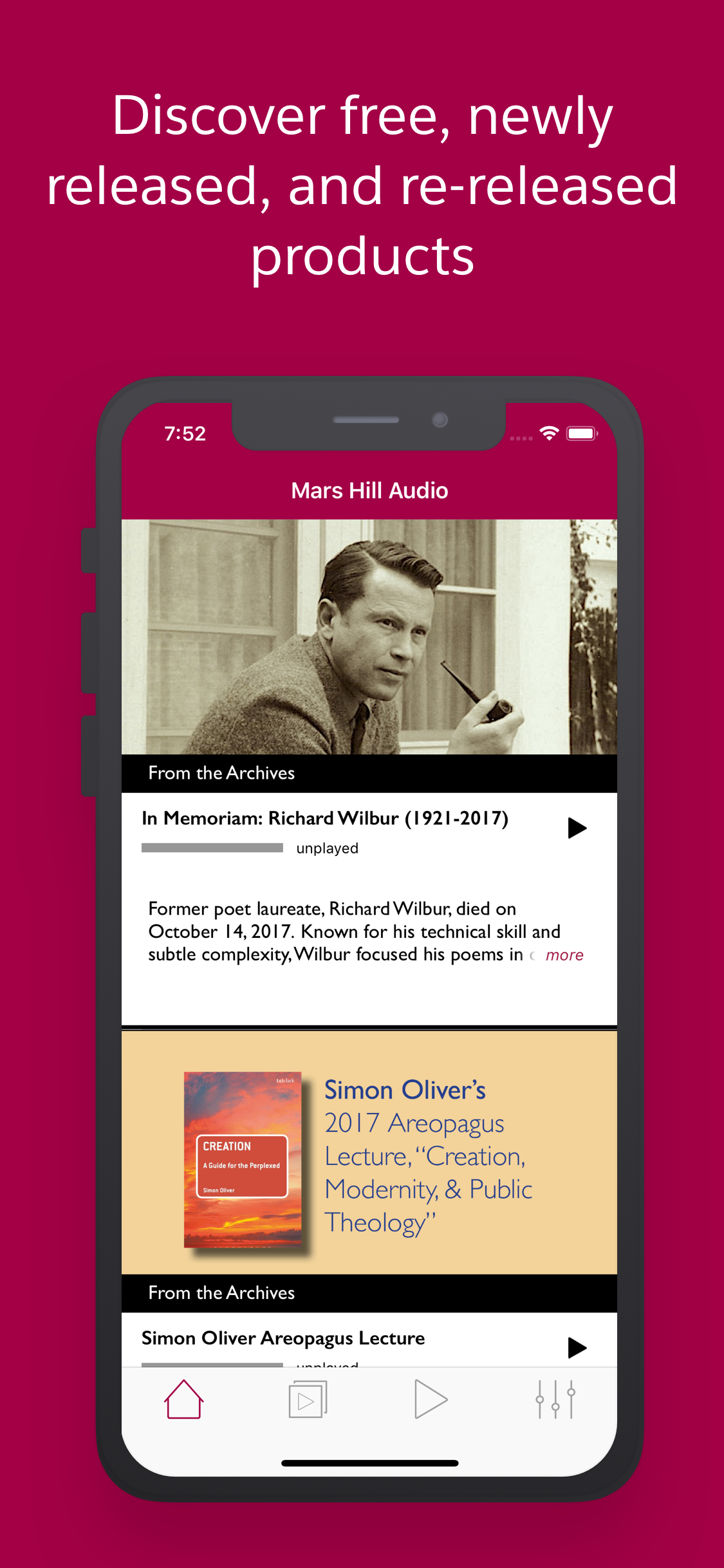 Mars Hill Audio home screen with an archive feature and an Areopagus Lecture