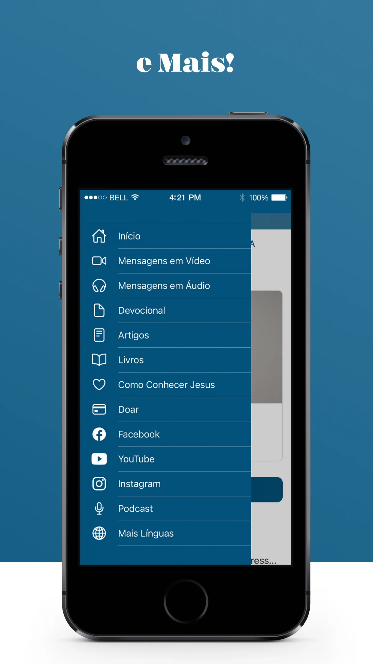 Joyce Meyer Português app screenshot: The menu leads to messages, devotionals, articles, books, giving, social links and more languages.