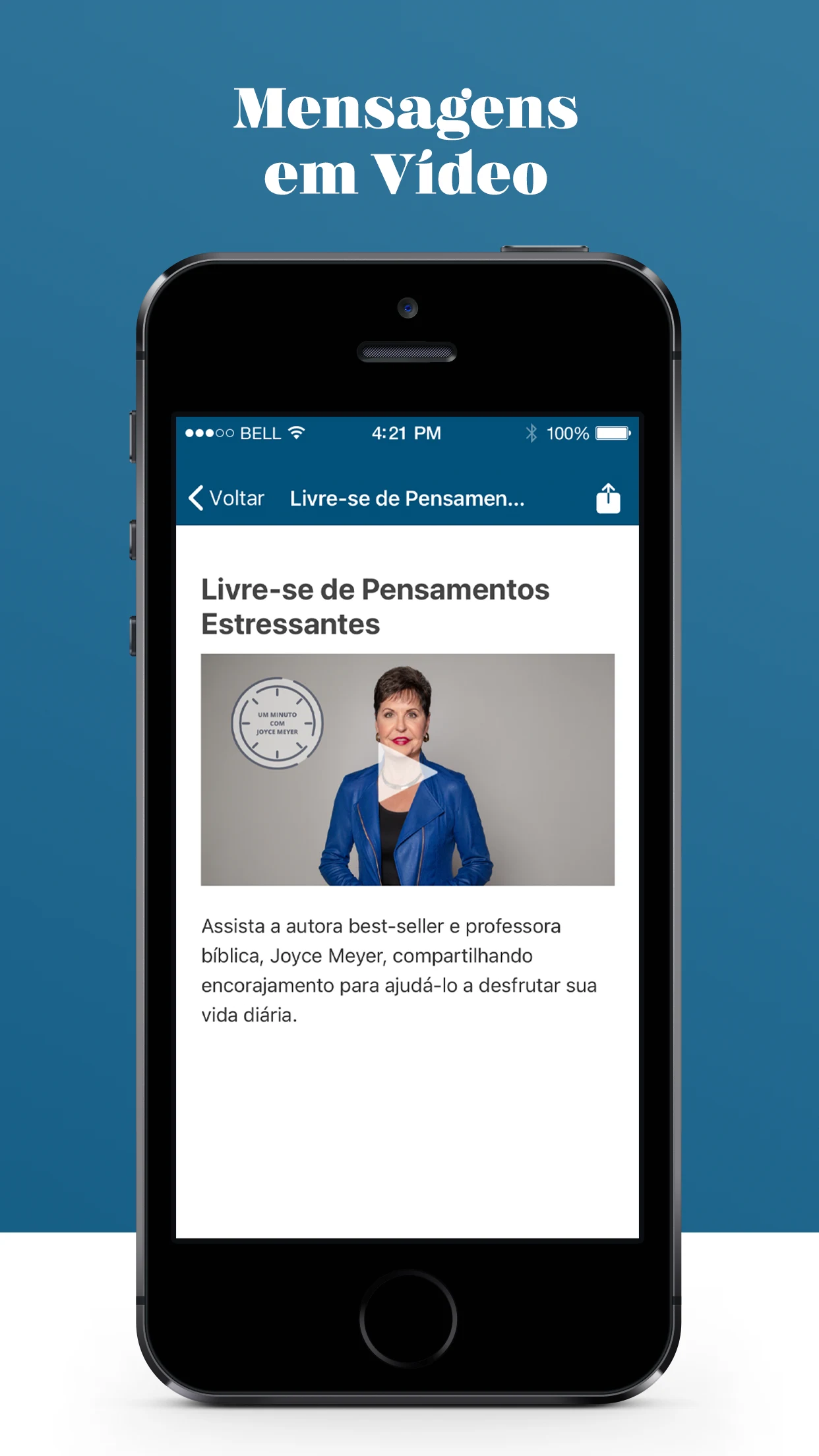Joyce Meyer Português app screenshot: Mensagens em Vídeo plays Joyce's messages in Portuguese.