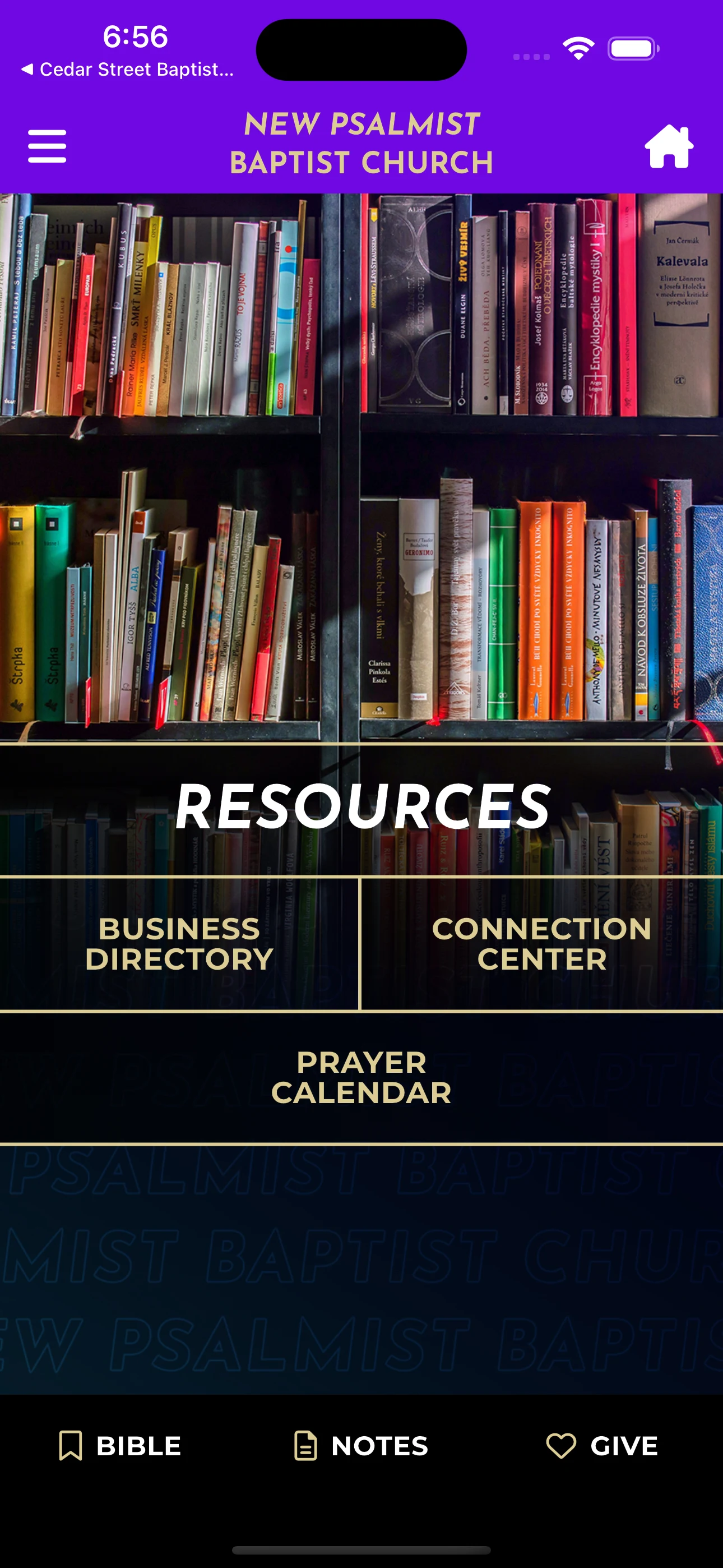 New Psalmist app screenshot: Resources: business directory, connection center and prayer calendar.