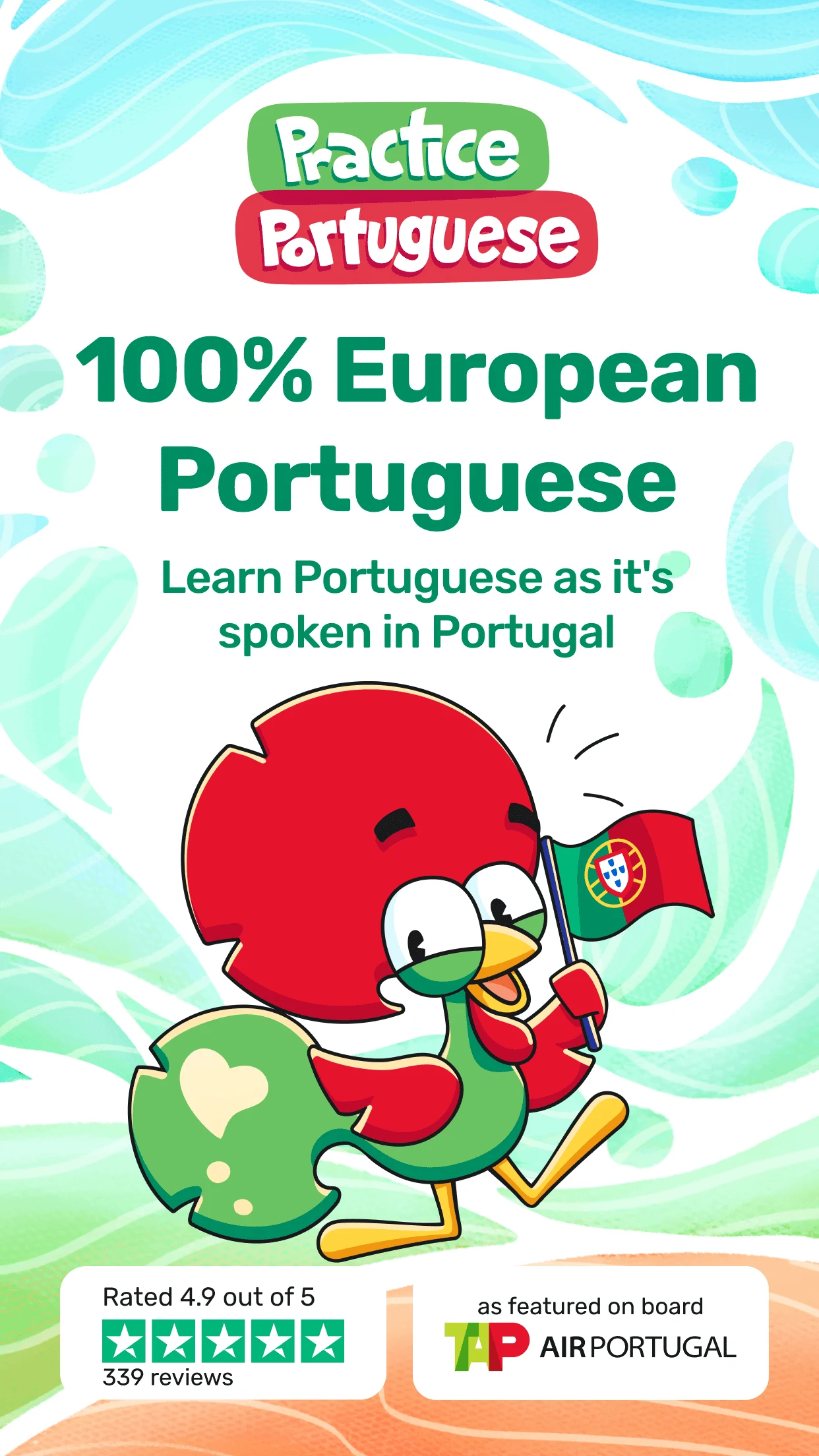 Practice Portuguese app screenshot: 100% European Portuguese.