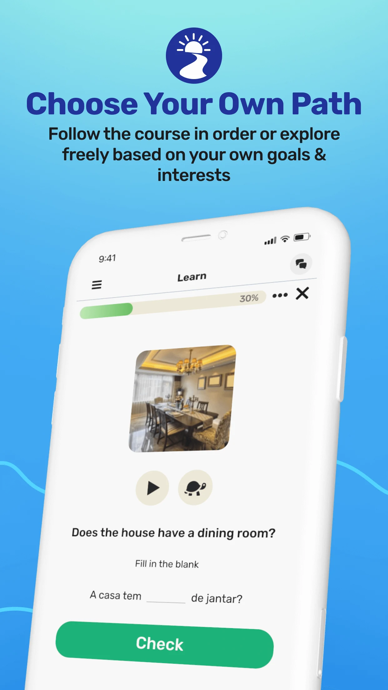 Practice Portuguese app screenshot: Choose your own path.