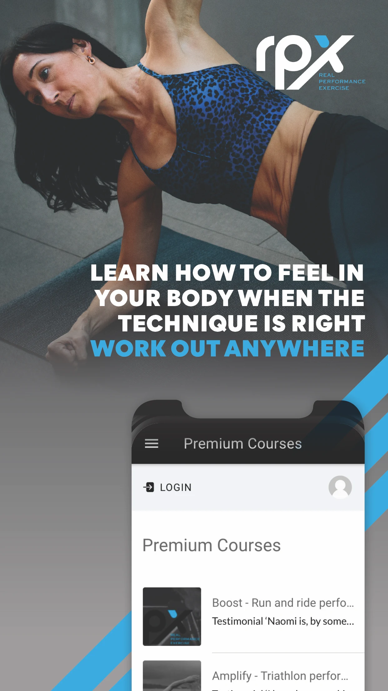 RPX Fitness app screenshot: Learn how to feel it in your body.